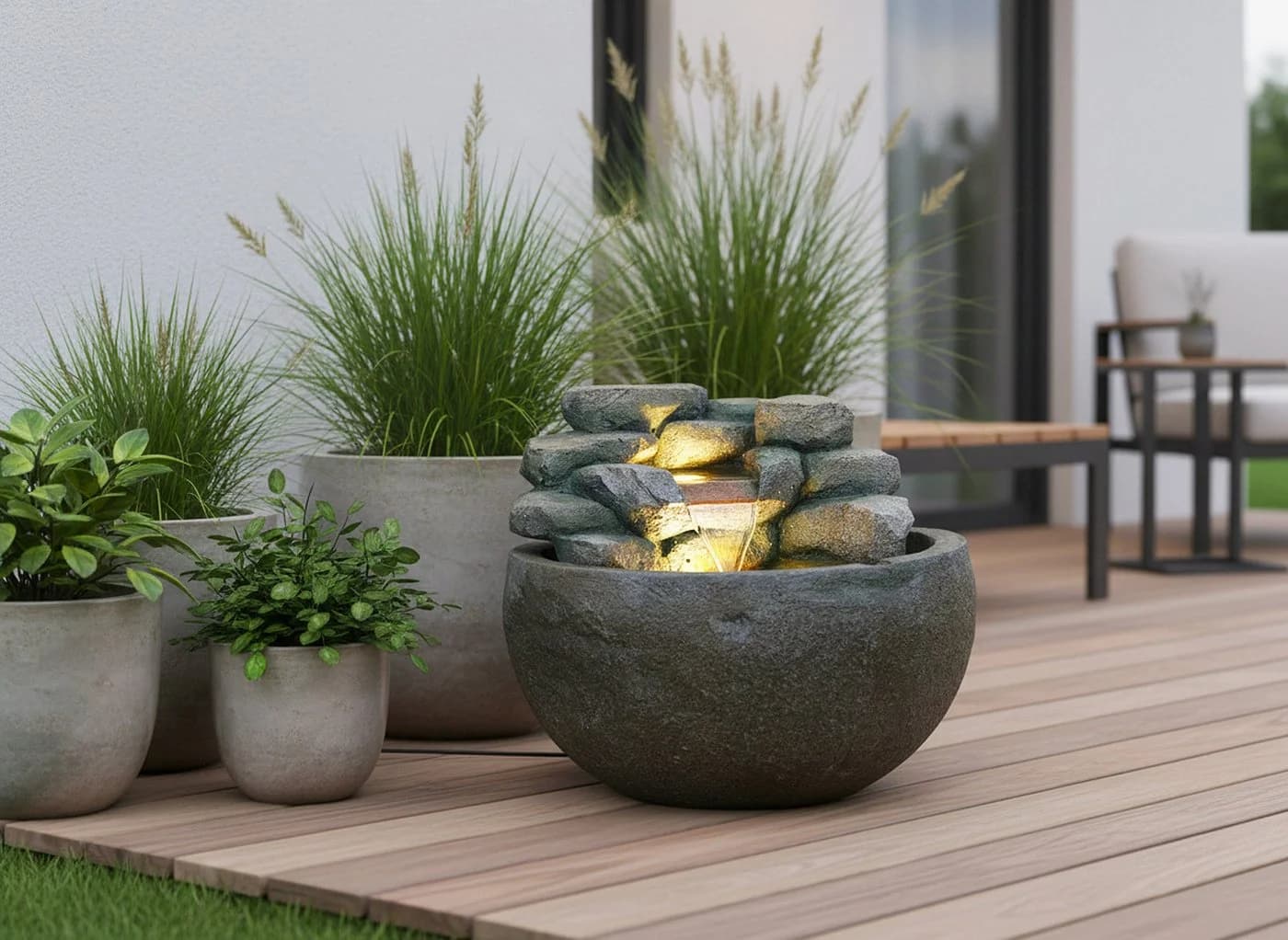 Arnusa Gartenbrunnen BK911 runder Wasserfall Brunnen mit LED Beleuchtung