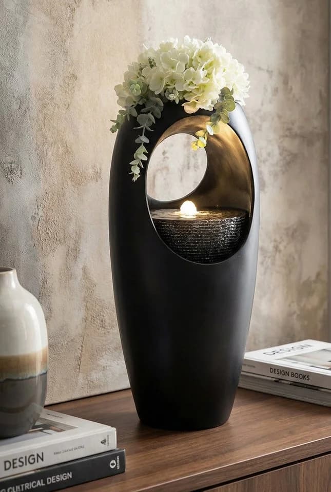Arnusa Zimmerbrunnen mit Vase schwarz, warmweiße LED - Bild 2