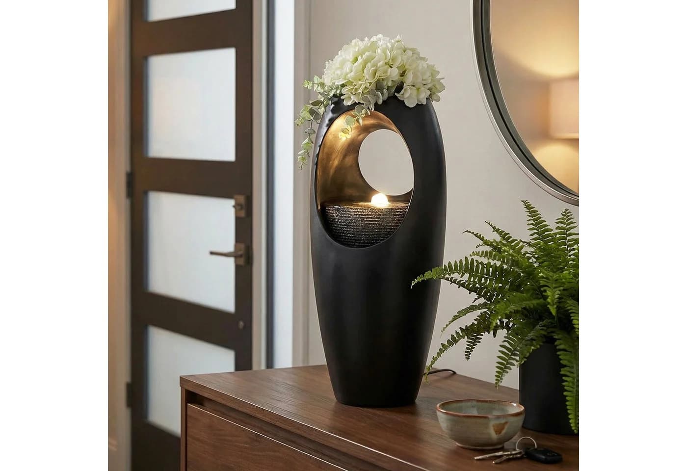 Arnusa Zimmerbrunnen mit Vase schwarz, warmweiße LED - Bild 4