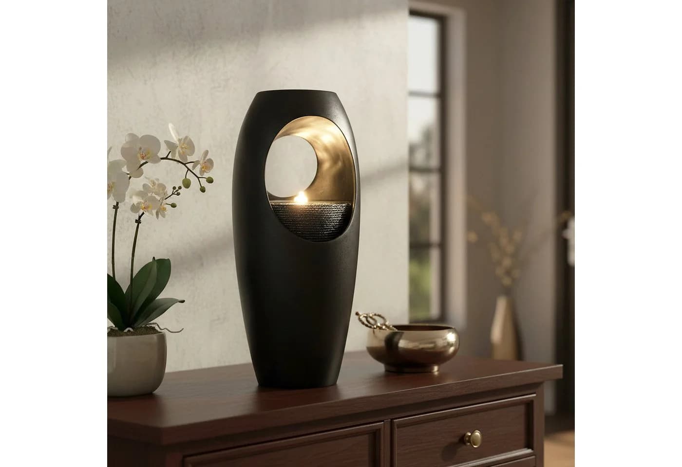 Arnusa Zimmerbrunnen mit Vase schwarz, warmweiße LED - Bild 5