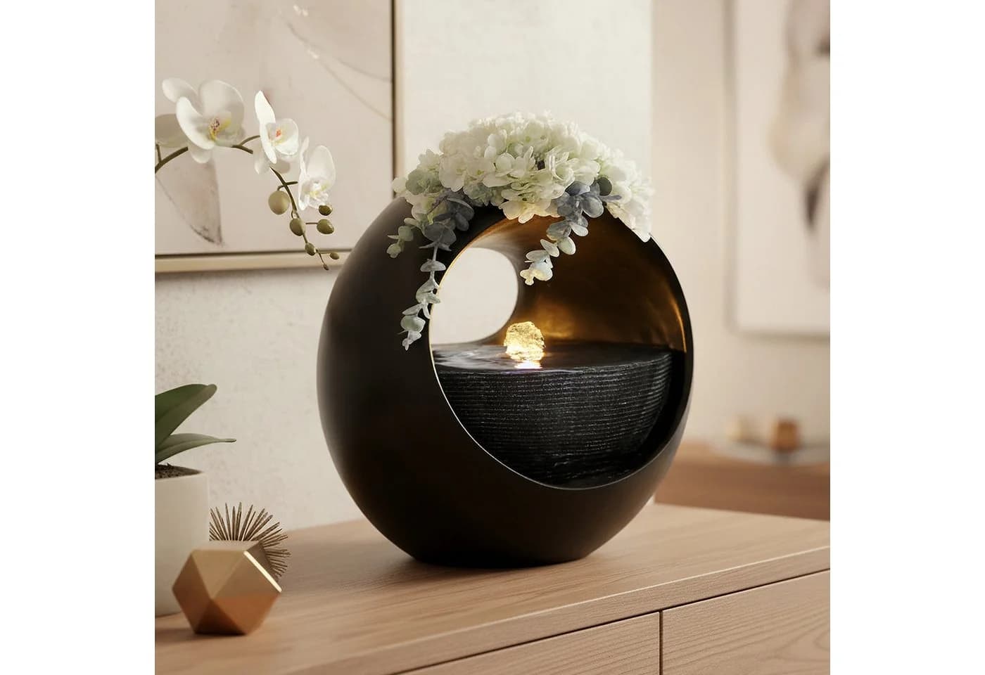 Arnusa Zimmerbrunnen Tischbrunnen mit Vase Schwarz LED Beleuchtung - Bild 2
