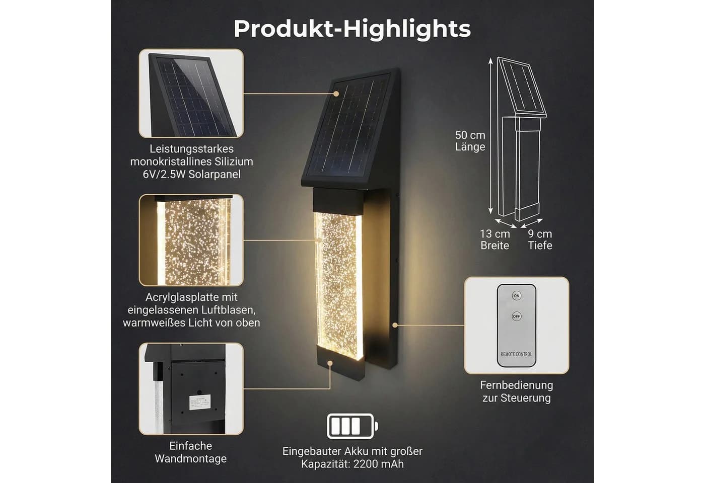 Arnusa Solar Außenwandleuchte Schwarz Edelstahl Kristall-Effekt LED