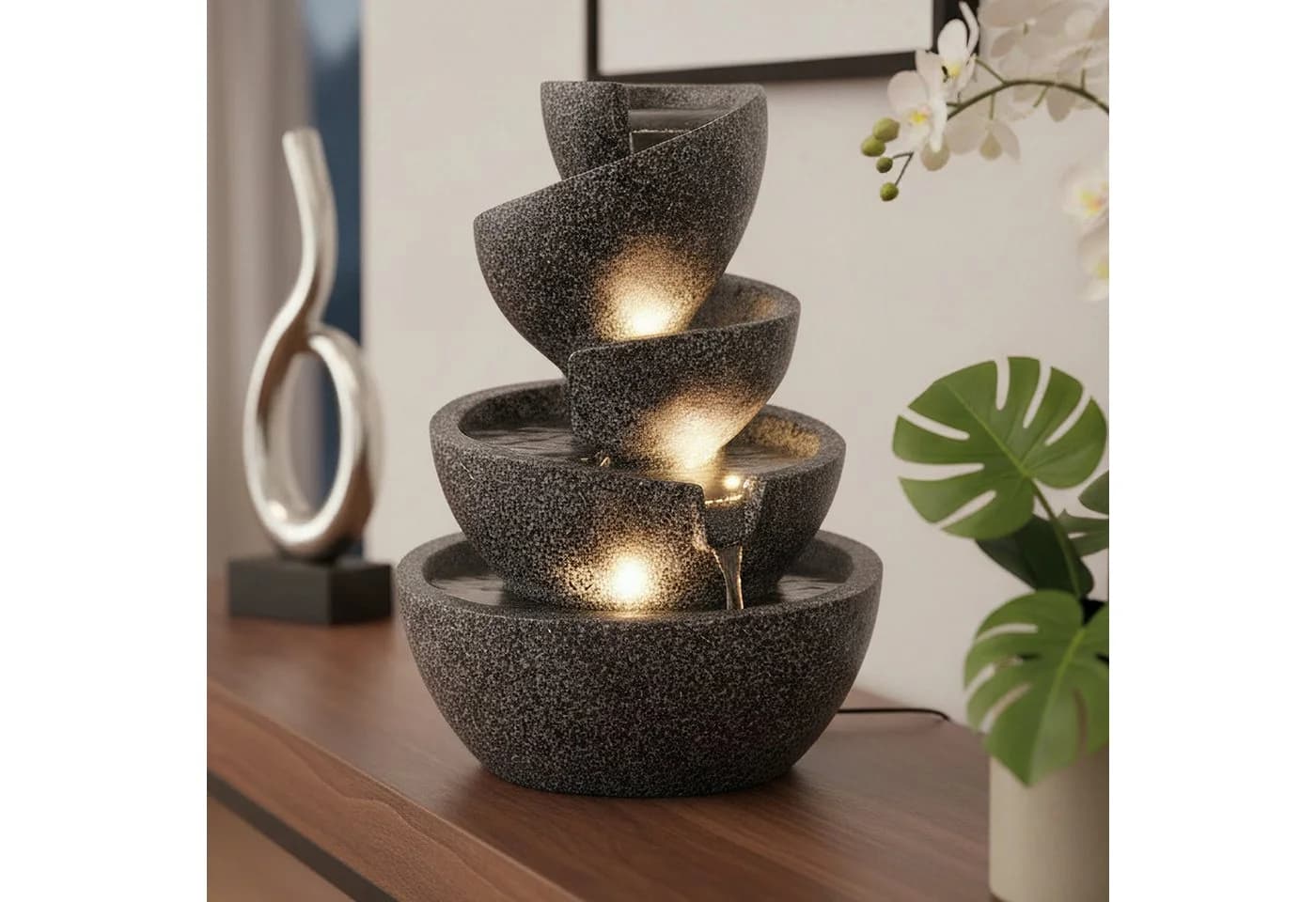 Arnusa Zimmerbrunnen BK912 mit LED Beleuchtung Grau Polyresin