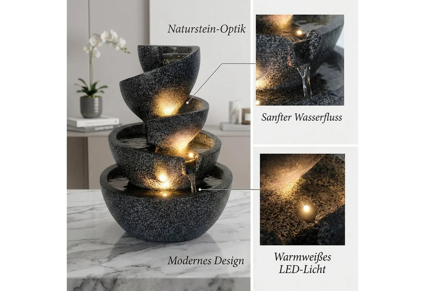 Arnusa Zimmerbrunnen BK912 mit LED Beleuchtung Grau Polyresin - Bild 3