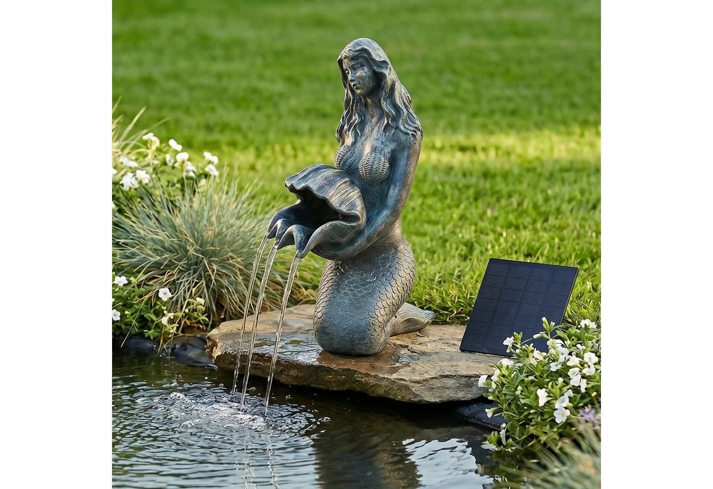 Arnusa Solar Wasserspeier Meerjungfrau Bronze-Optik mit Pumpe - Bild 2