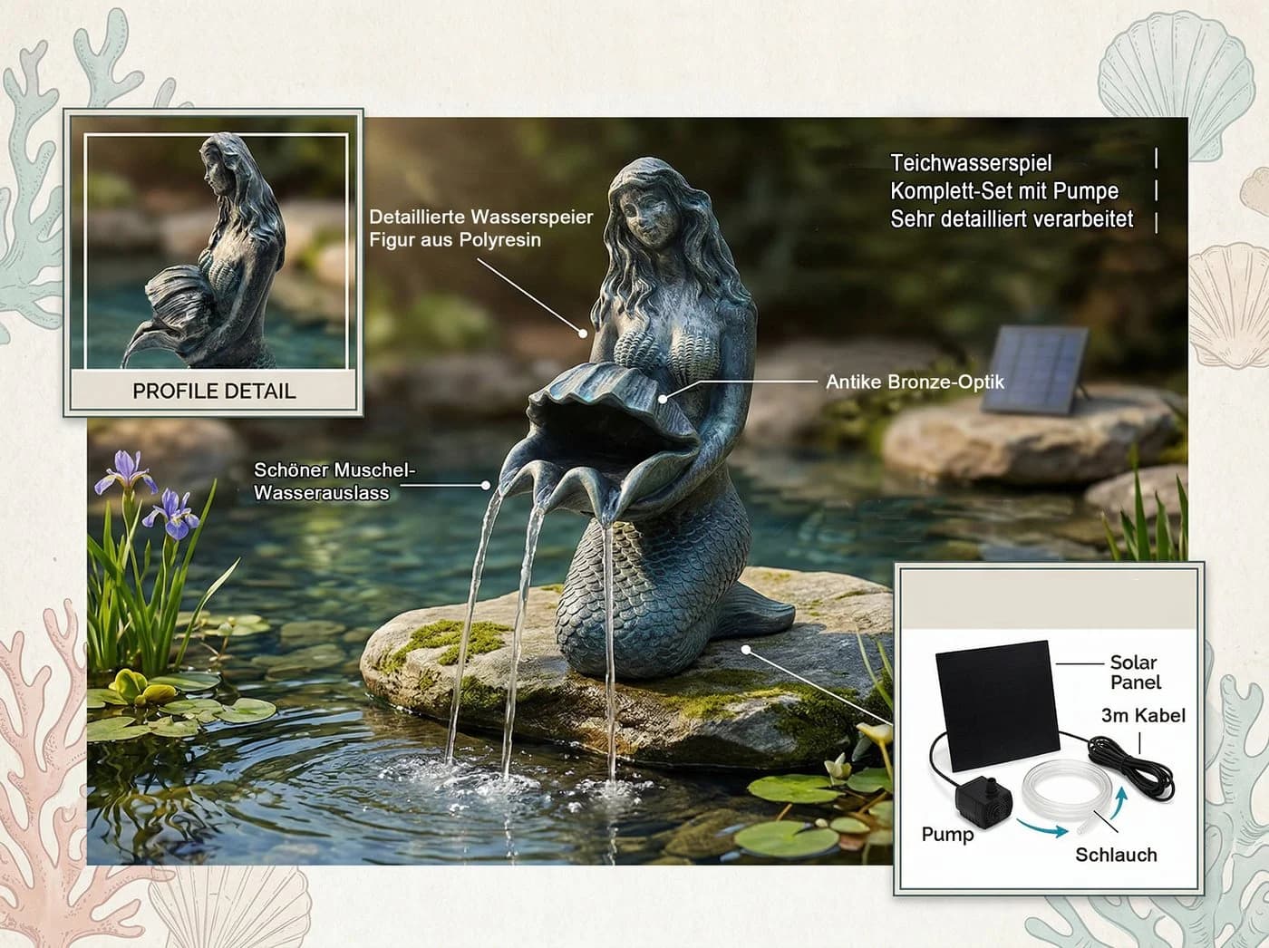 Arnusa Solar Wasserspeier Meerjungfrau Bronze-Optik mit Pumpe - Bild 3
