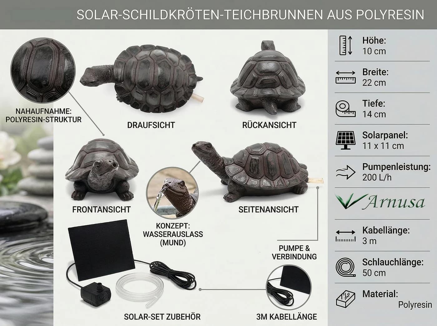 Arnusa Solar Wasserspeier Schildkröte Braun Polyresin Teichdekoration - Bild 3