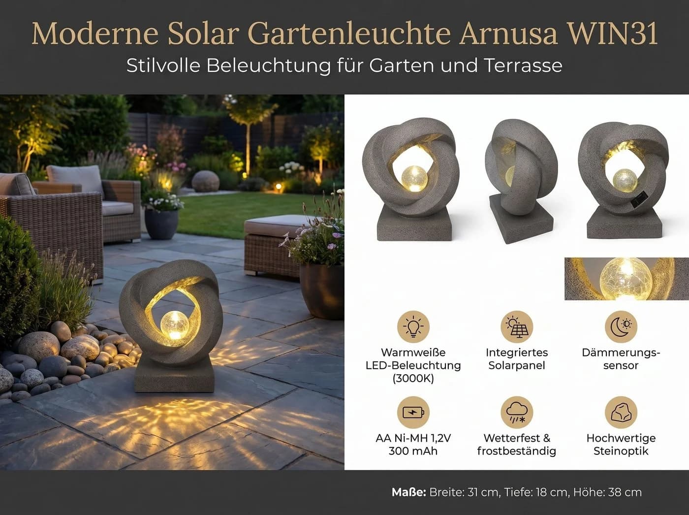 Arnusa LED Solarleuchte Steinoptik mit Glaskugel Warmweiß