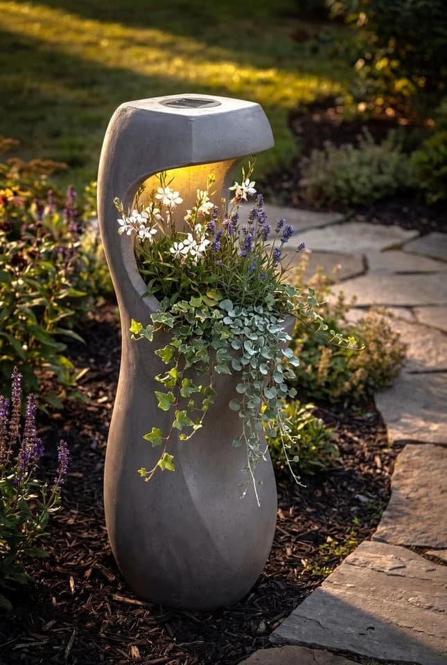 Arnusa Solar-Blumentopf mit LED-Beleuchtung Grau Fiberclay - Bild 2