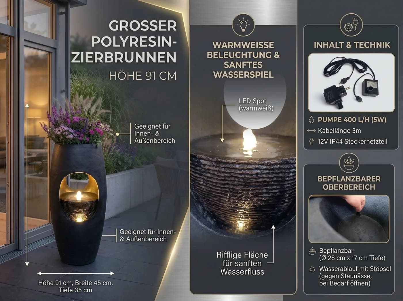 Arnusa Gartenbrunnen LED Springbrunnen bepflanzbar 91 cm dunkel Grau - Bild 4