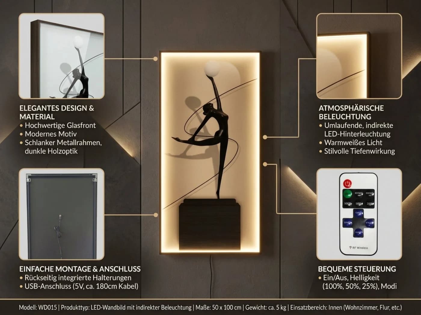 Arnusa LED-Bild Wandleuchte mit Fernbedienung und USB-Anschluss