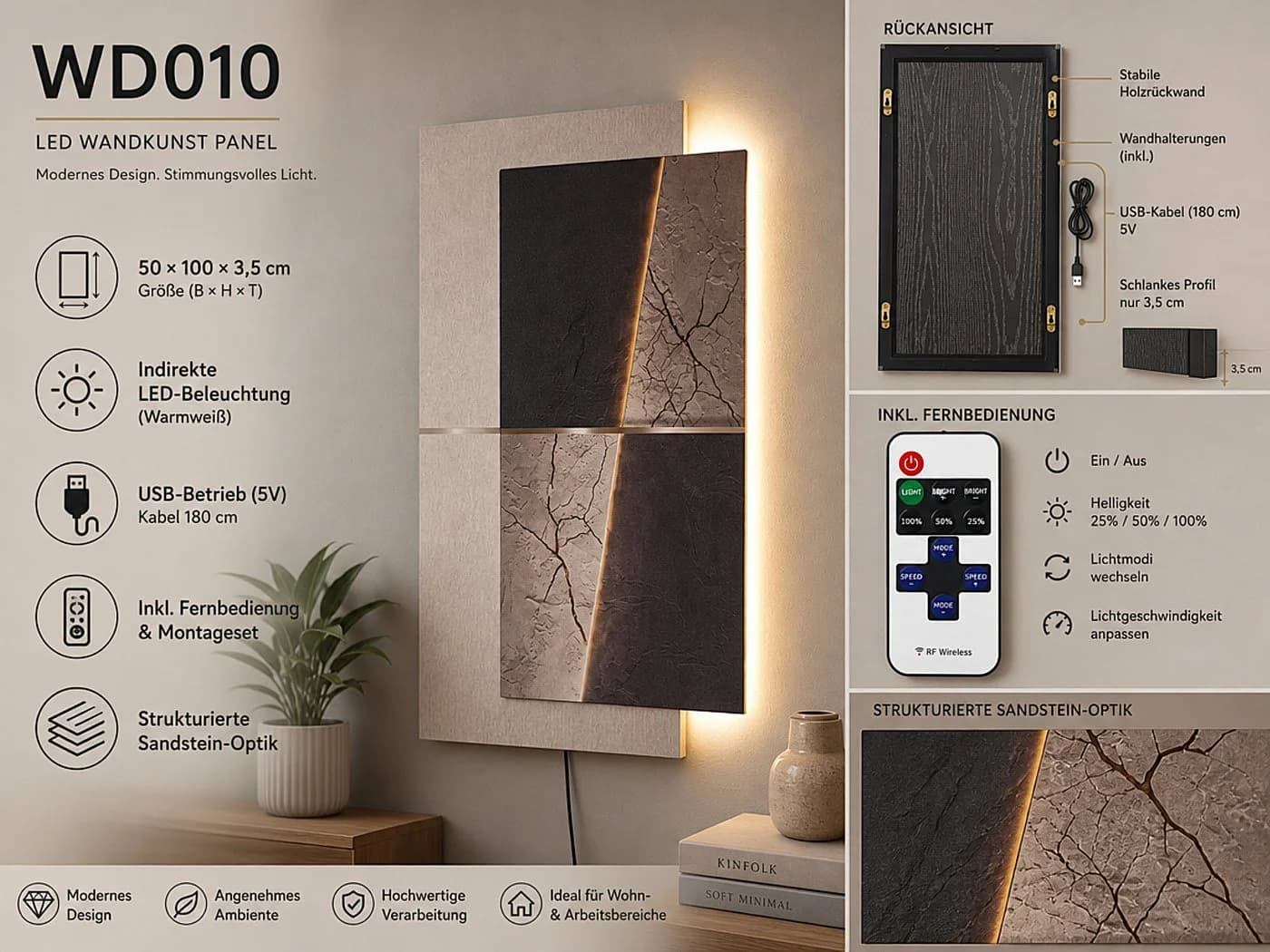 Arnusa LED-Wandbild WD010 Abstrakt Modern Beige Schwarz mit Fernbedienung