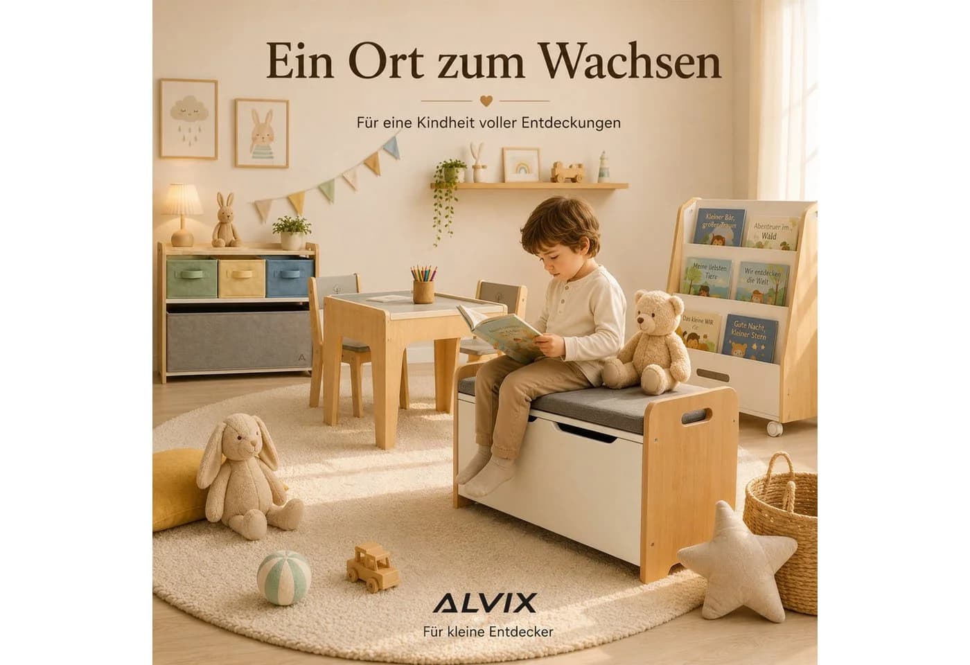 ALVIX Spielzeugtruhe NESTA 1 mit Sitzkissen, Soft-Close-Deckel, Beige/Weiß - Bild 5
