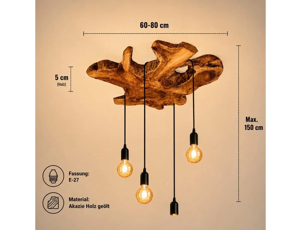 Möbel Bressmer NATURA Deckenlampe Akazienholz Baumscheibe 4-fach - Bild 3