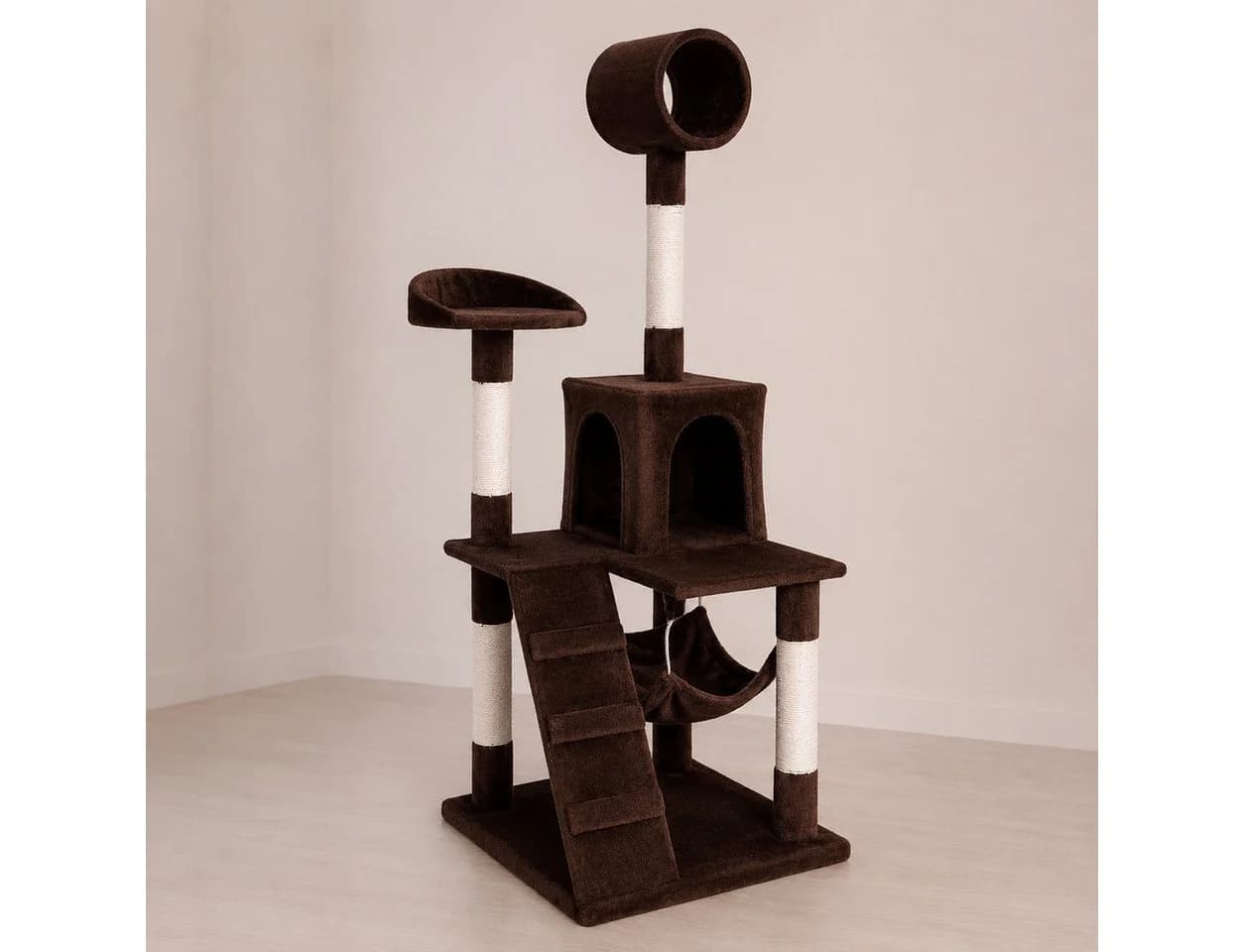 belviona Katzenkratzbaum 133 cm mit Höhle, Hängematte & Sisal-Kratzstämme Braun