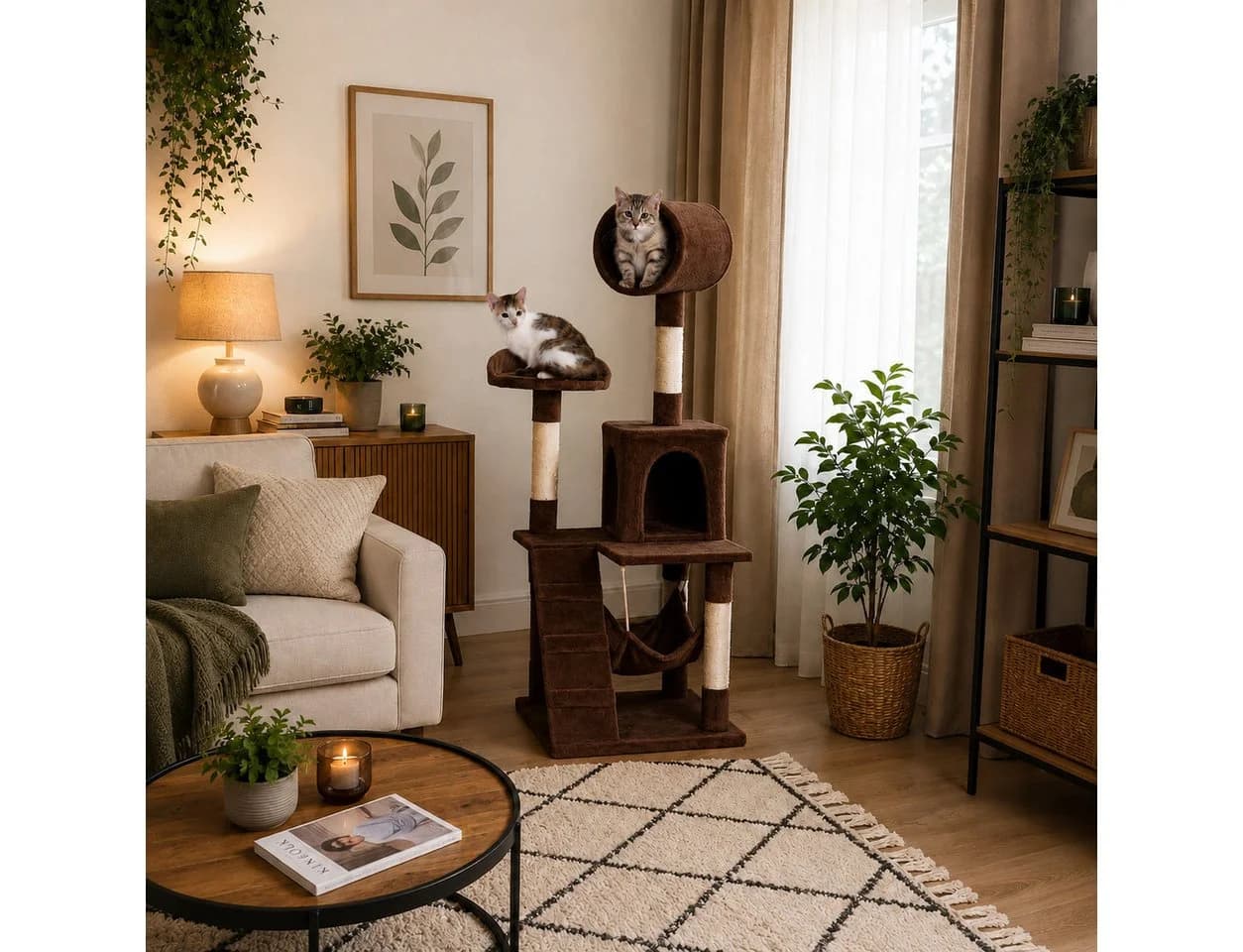 belviona Katzenkratzbaum 133 cm mit Höhle, Hängematte & Sisal-Kratzstämme Braun - Bild 2