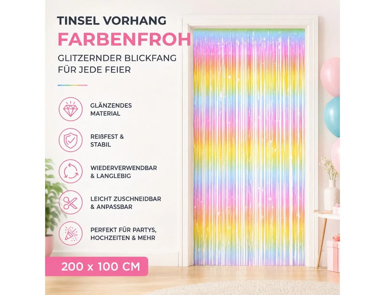 TK Gruppe Lamettavorhang Bunt 200 × 100 cm Partydeko - Bild 3