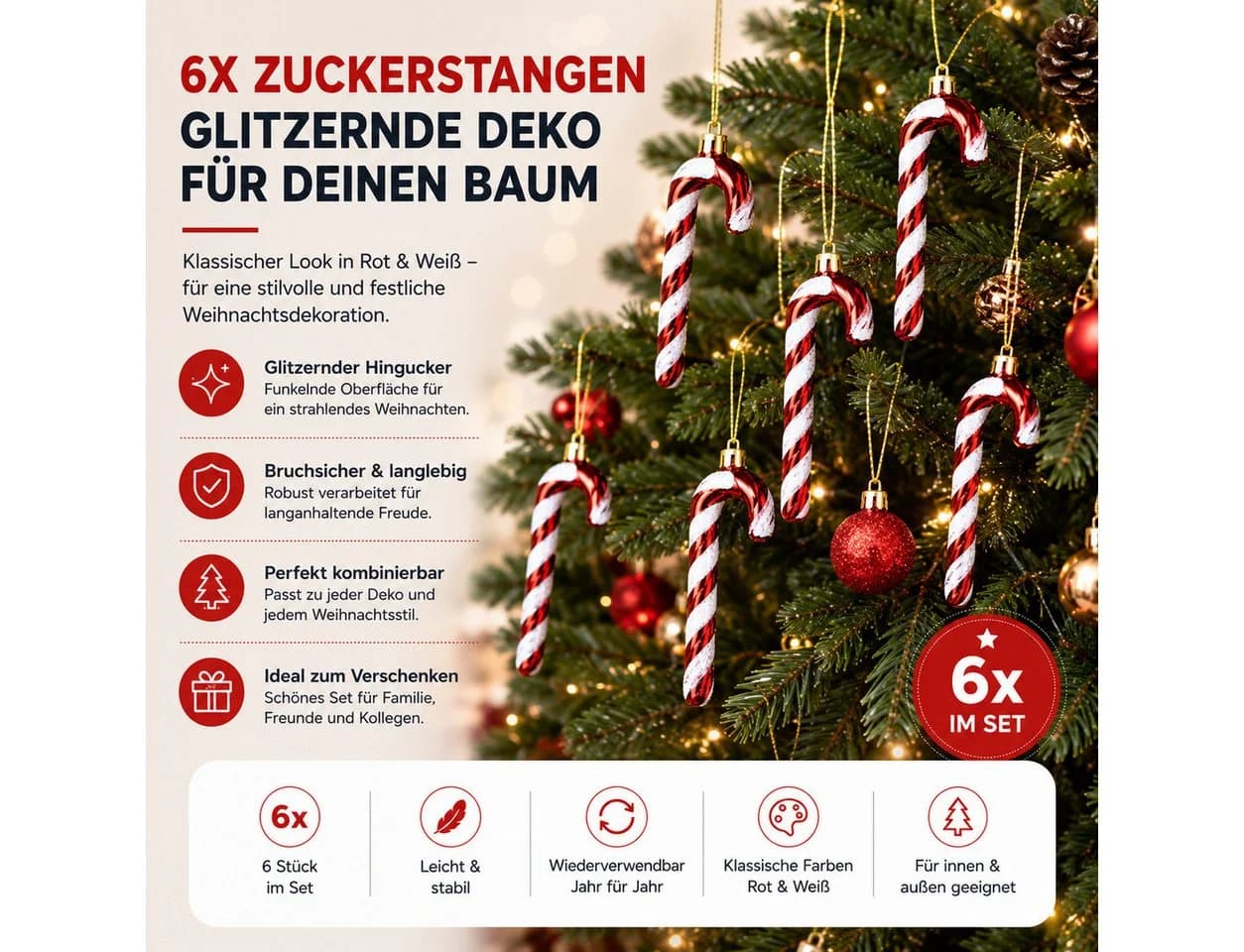 TK Gruppe Weihnachtsbaumkugel 6x Zuckerstangen Rot-Weiß Glitzernd - Bild 3
