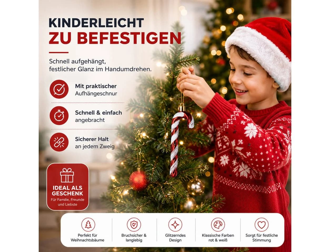 TK Gruppe Weihnachtsbaumkugel 6x Zuckerstangen Rot-Weiß Glitzernd - Bild 4