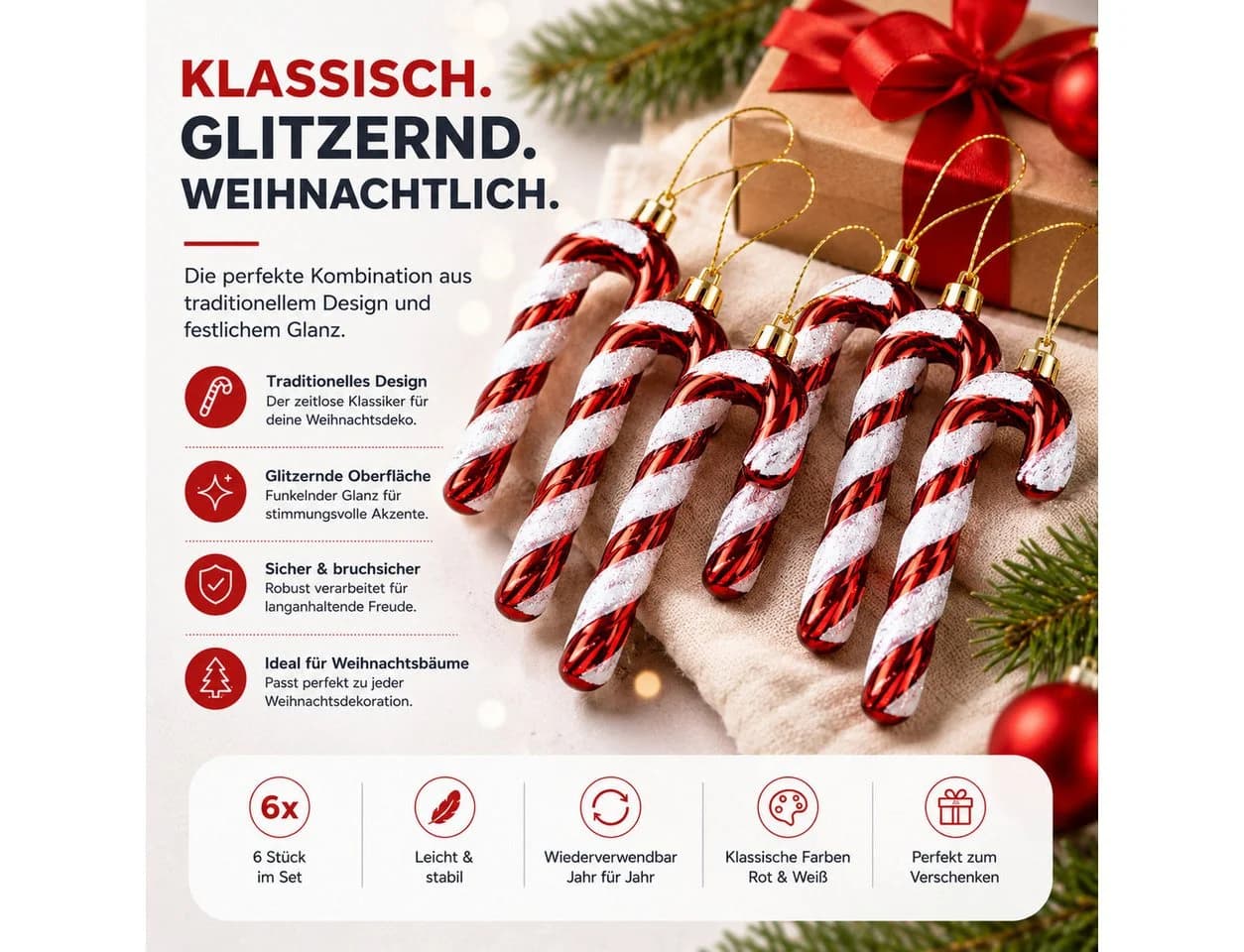 TK Gruppe Weihnachtsbaumkugel 6x Zuckerstangen Rot-Weiß Glitzernd - Bild 5