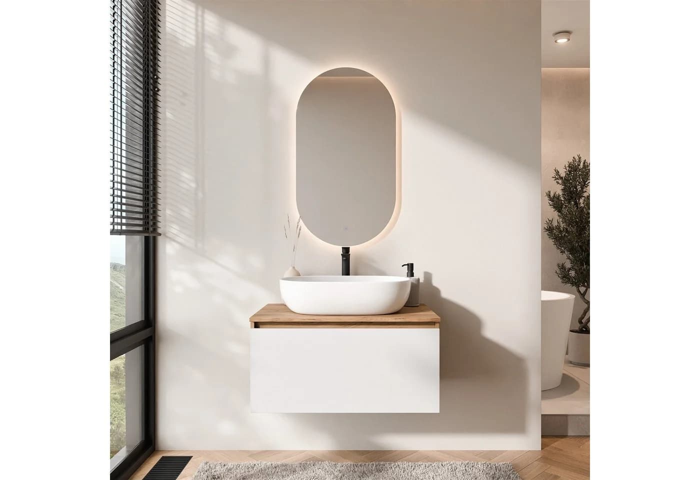 Planetmöbel Badezimmer-Set ARISA Weiß mit LED Spiegel und Aufsatzwaschbecken