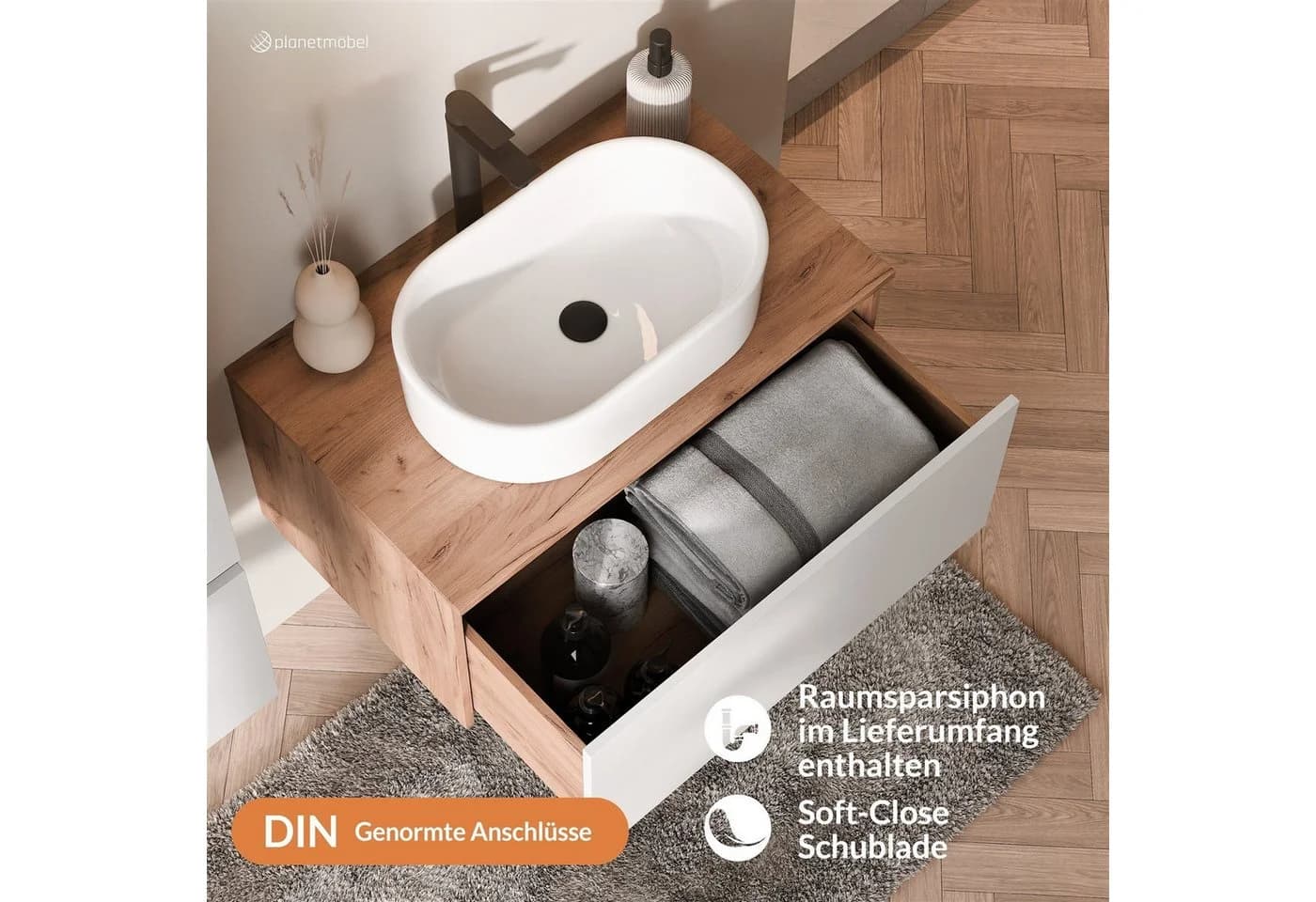 Planetmöbel Badezimmer-Set ARISA Weiß mit LED Spiegel und Aufsatzwaschbecken - Bild 5