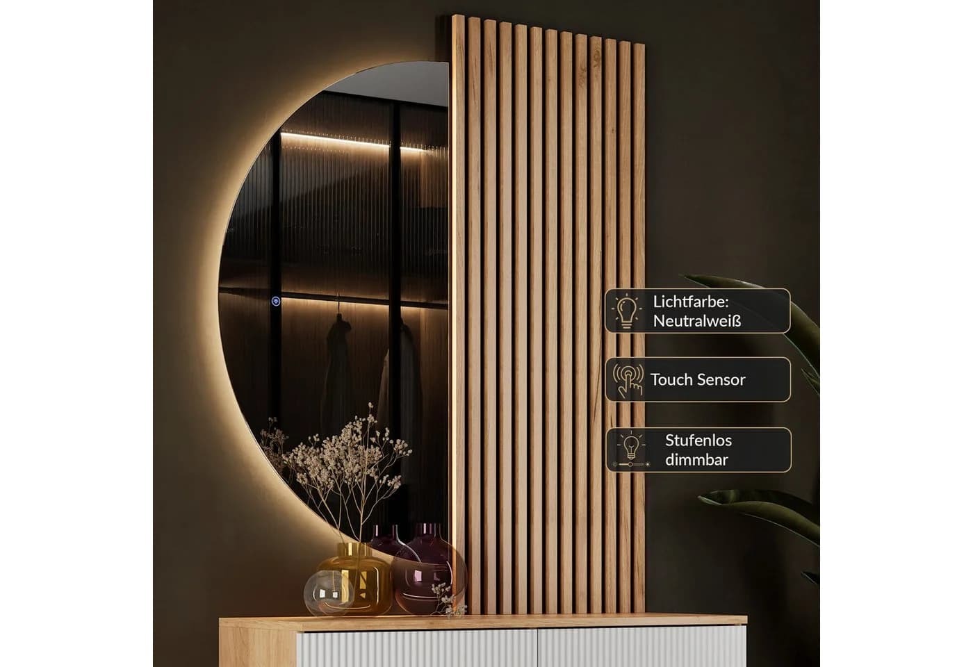 Planetmöbel Konsolentisch AMYRA 100 cm mit LED Spiegel NIVORA und Akustikpaneele - Bild 4