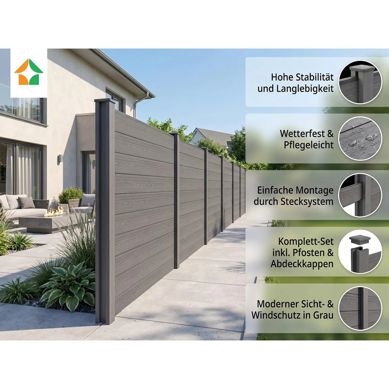 Prestige Home Living WPC Sichtschutzzaun Caracas Grau - 5 Elemente + 6 Pfosten