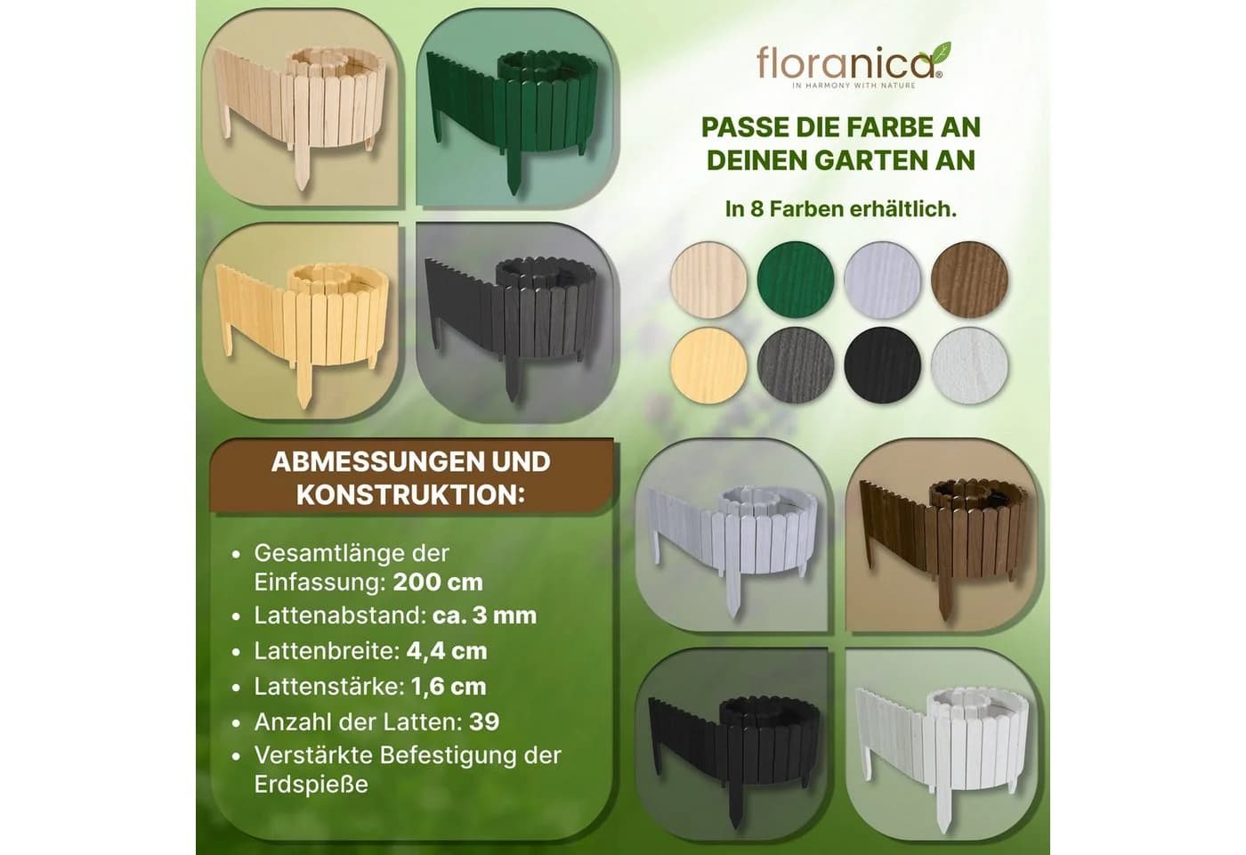 Floranica Palisade Rasenkante Holz Dunkelgrün Flexible Beeteinfassung - Bild 3