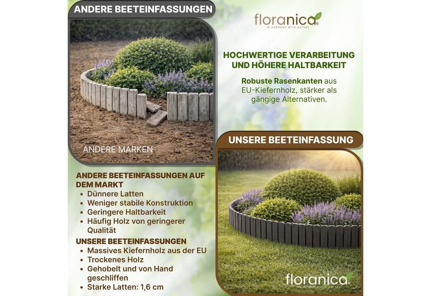 Floranica Flexible Rasenkante Beetumrandung Dunkelgrau Kiefernholz - Bild 4