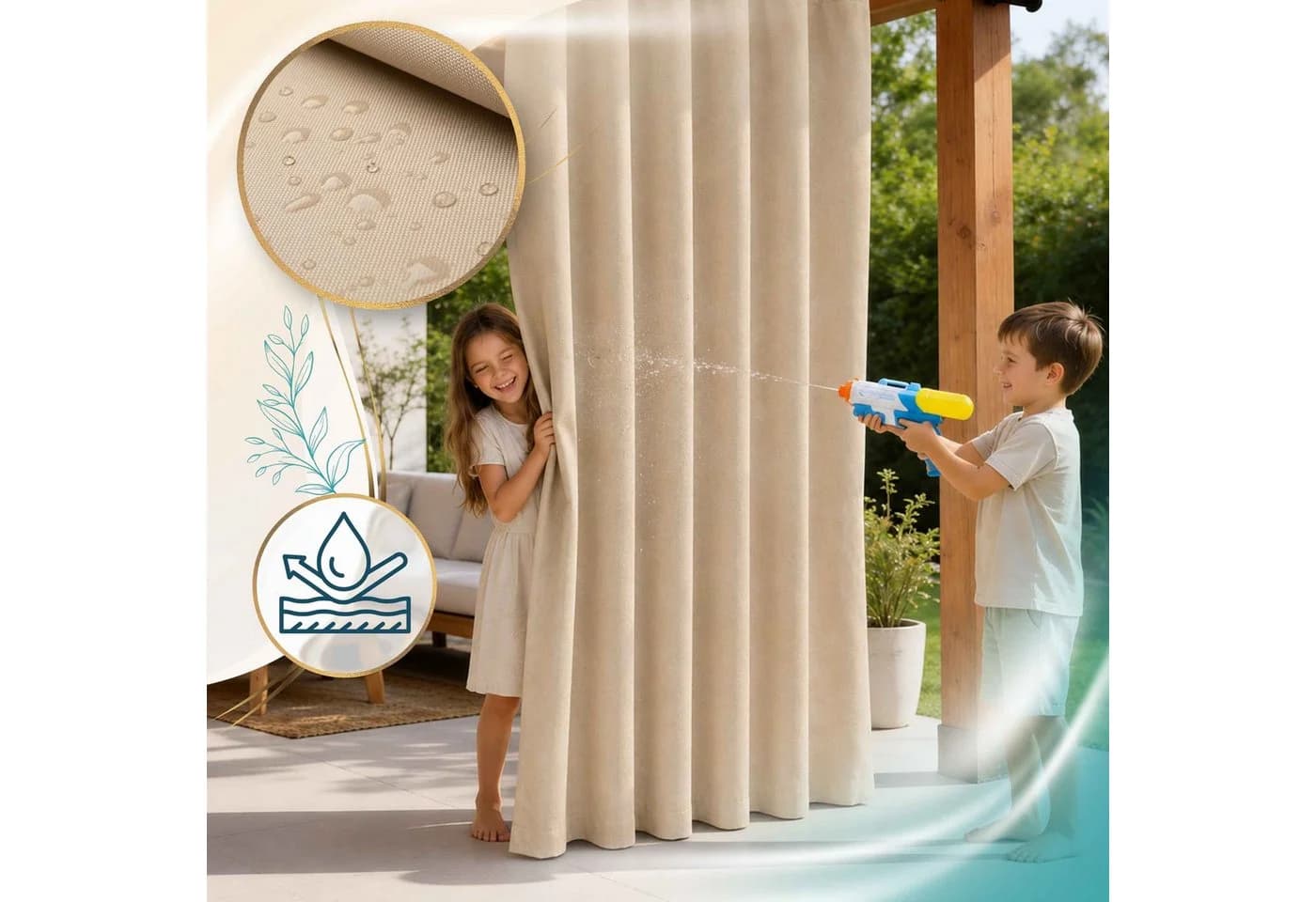 Lantigo Outdoorvorhang Beige Wasserdicht mit Ösen - Bild 3