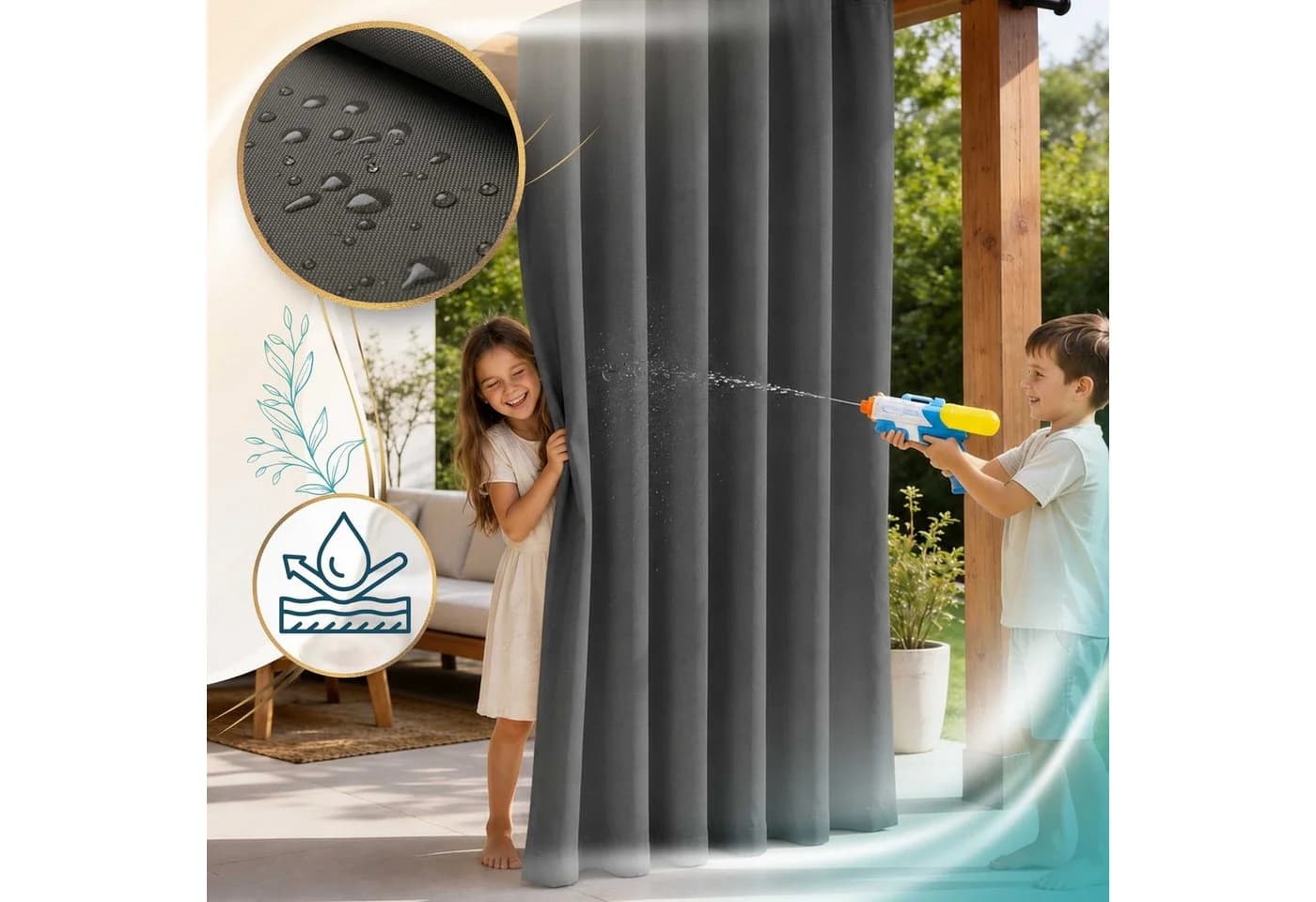 Lantigo Outdoorvorhang Grau Wasserdicht Oxford 500D mit Raffhalter - Bild 3
