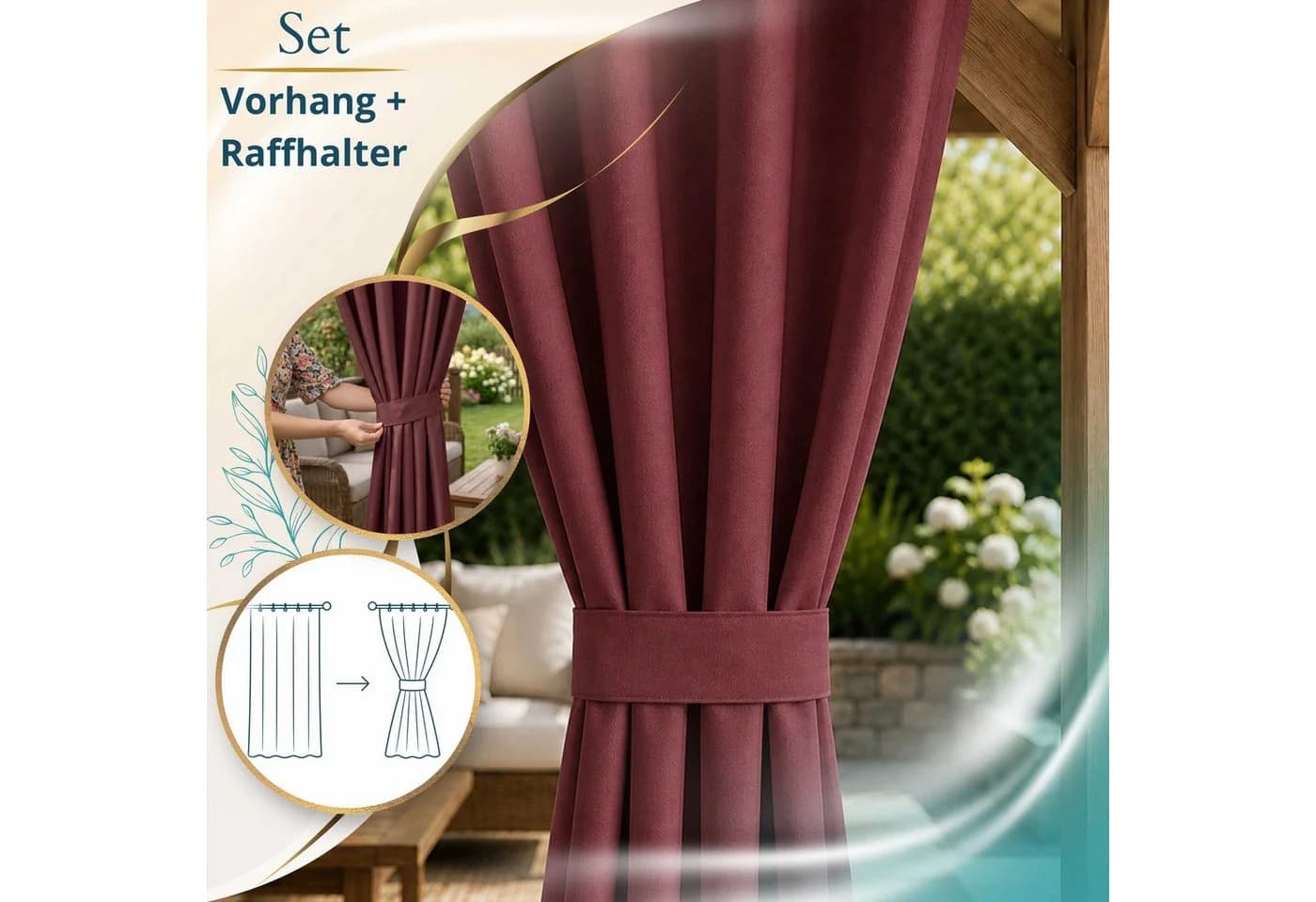 Lantigo Outdoorvorhang Wasserdicht mit Raffhalter und Ösen - Bild 4