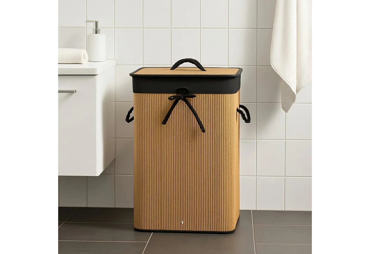 Koopman Wäschekorb Bambus Faltbar 60x40x30cm Braun/Schwarz