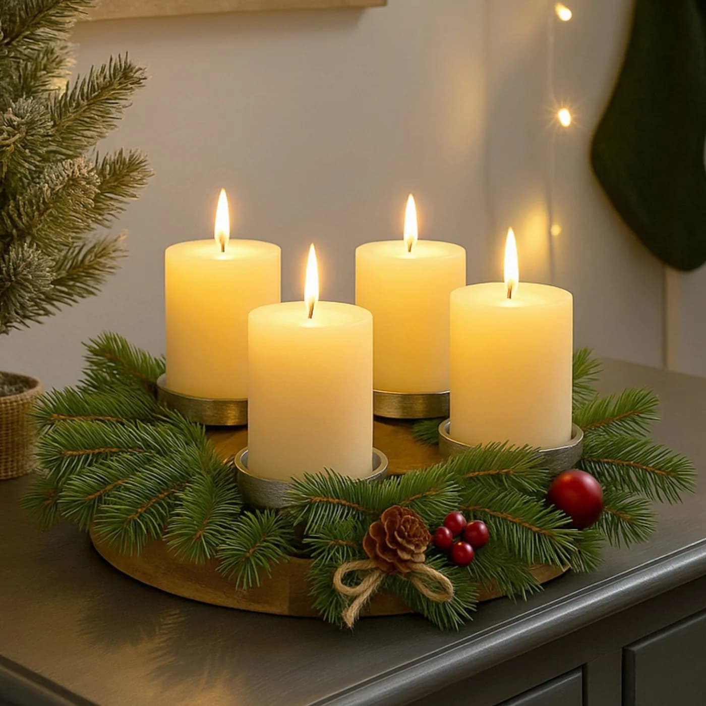 Koopman Adventskranz Kerzenhalter Mangoholz Aluminium Braun Silber - Bild 3