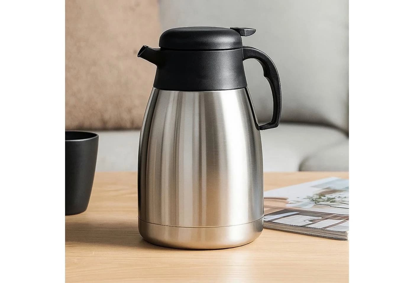 Koopman Isolierkanne 1,5L Edelstahl Silber Schwarz Auslaufsicher