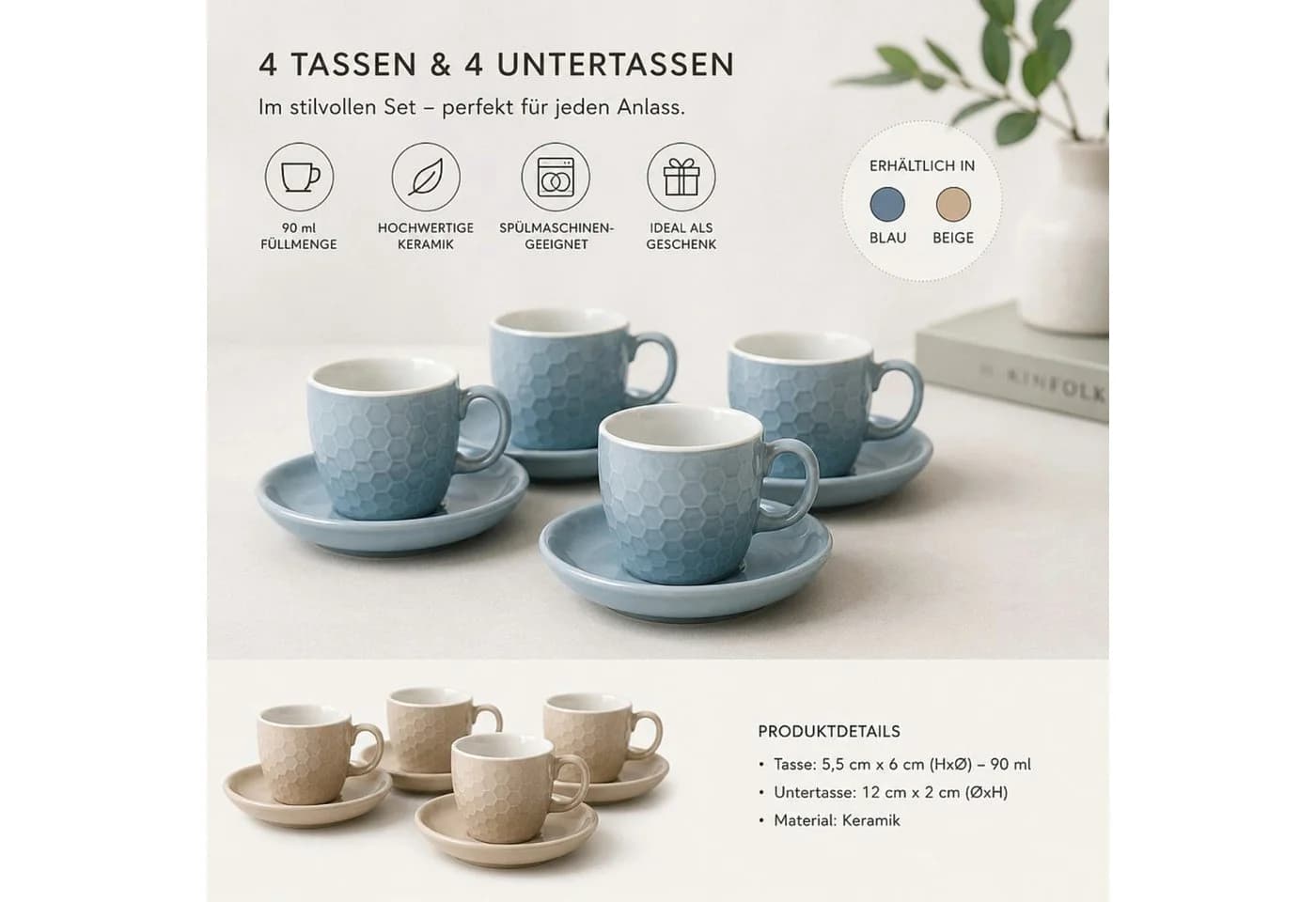Koopman Kaffeetassen Set 8-tlg. Beige Keramik Wabenmuster