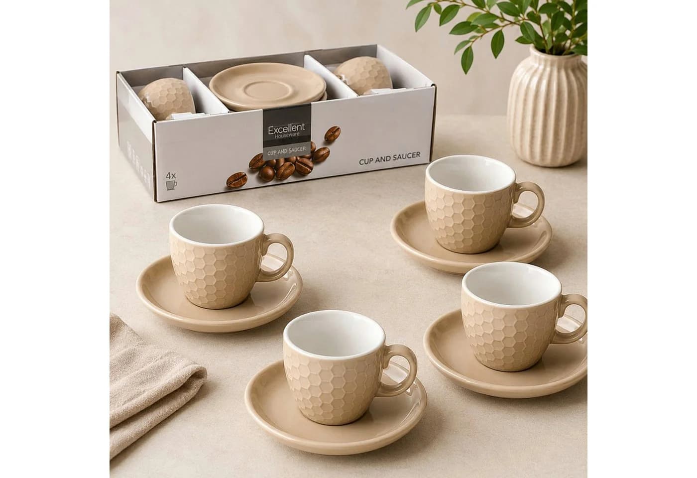 Koopman Kaffeetassen Set 8-tlg. Beige Keramik Wabenmuster - Bild 2