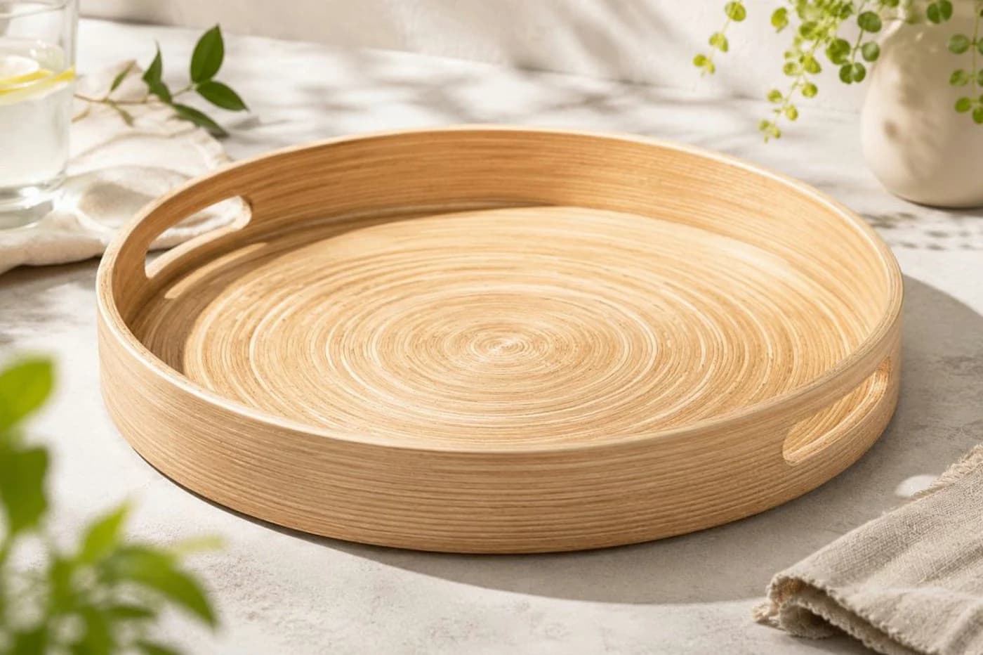 Koopman Serviertablett Rund Holz Tragegriffe Natur Braun - Bild 2
