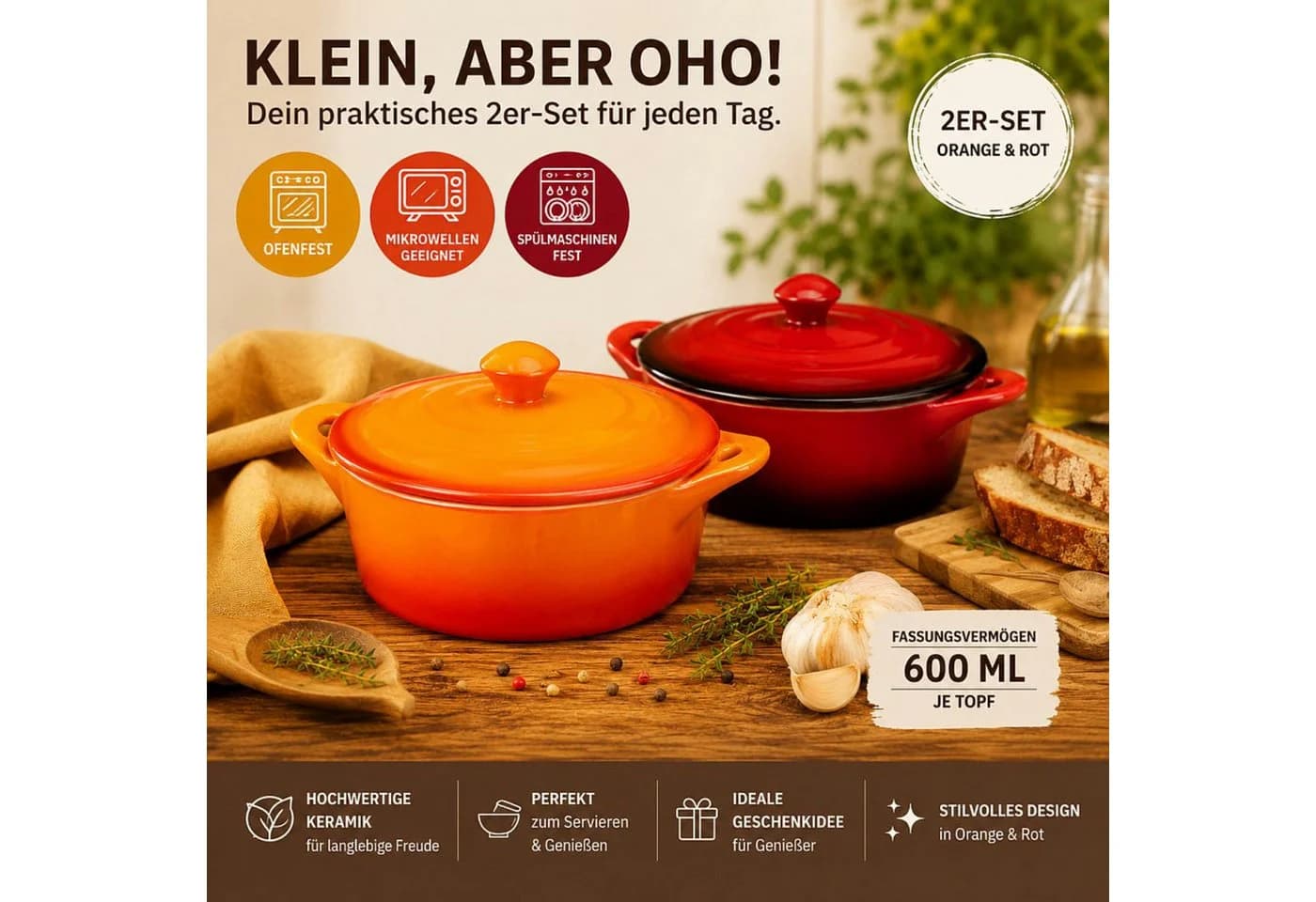 Koopman Ofenschale 2er Set Keramik Orange Rot mit Deckel - Bild 2