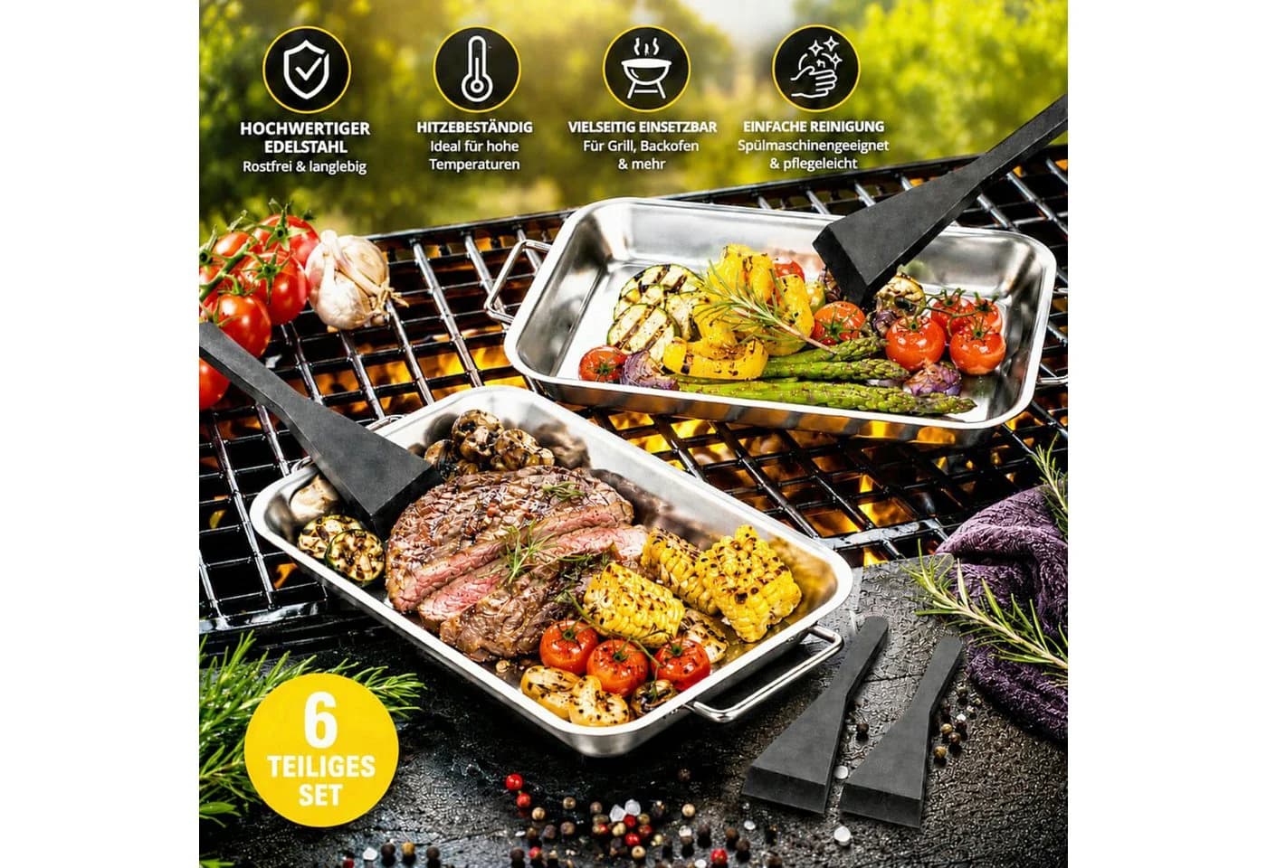 Haushalt International Grillschale 2tlg + 4 Schaber Edelstahl Silber