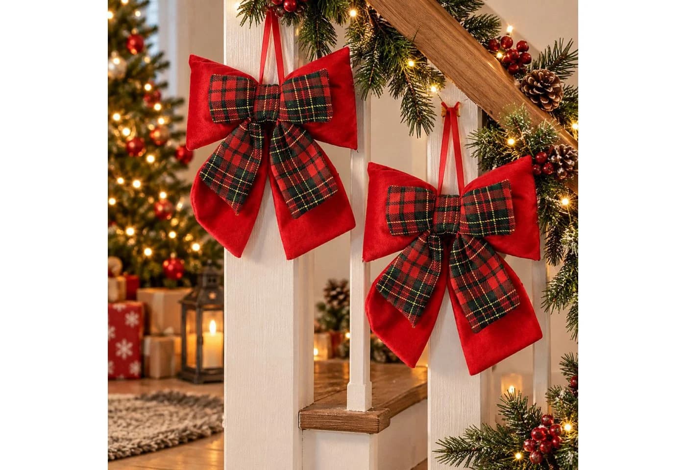Koopman Weihnachtsbaumschleife 2er Set Rot/Grün Kariert Polyester - Bild 2