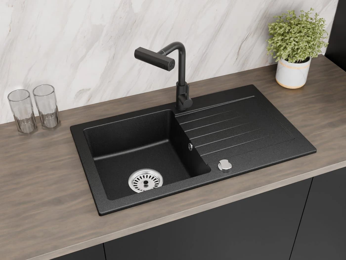 Faizee Möbel Granitspüle Schwarz mit Abtropffläche & Siphon - Bild 5
