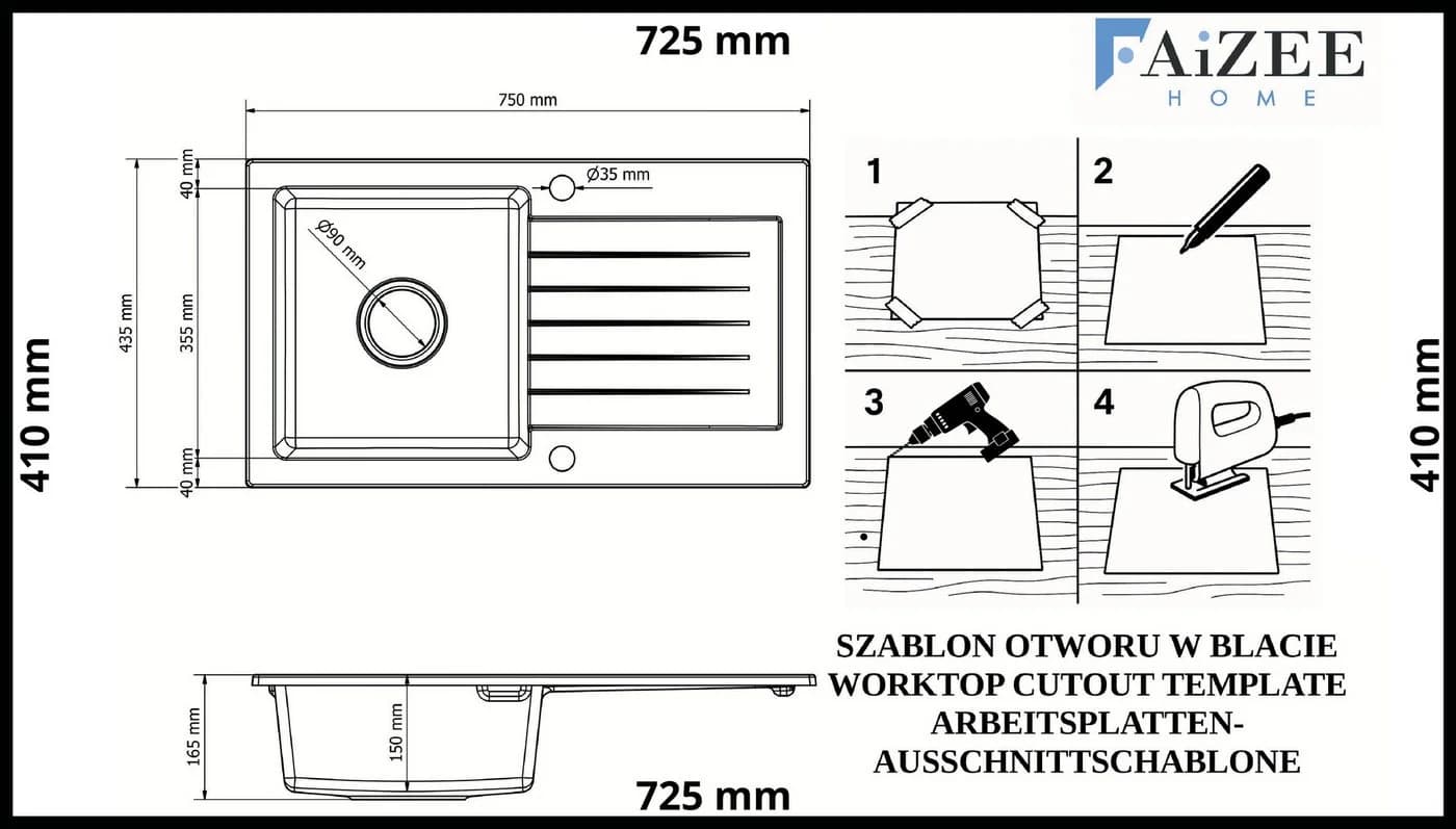 Faizee Home Granitspüle Küchenspüle Granit Siphon Einbauspüle Spülbecken 75x43,5 - Bild 5