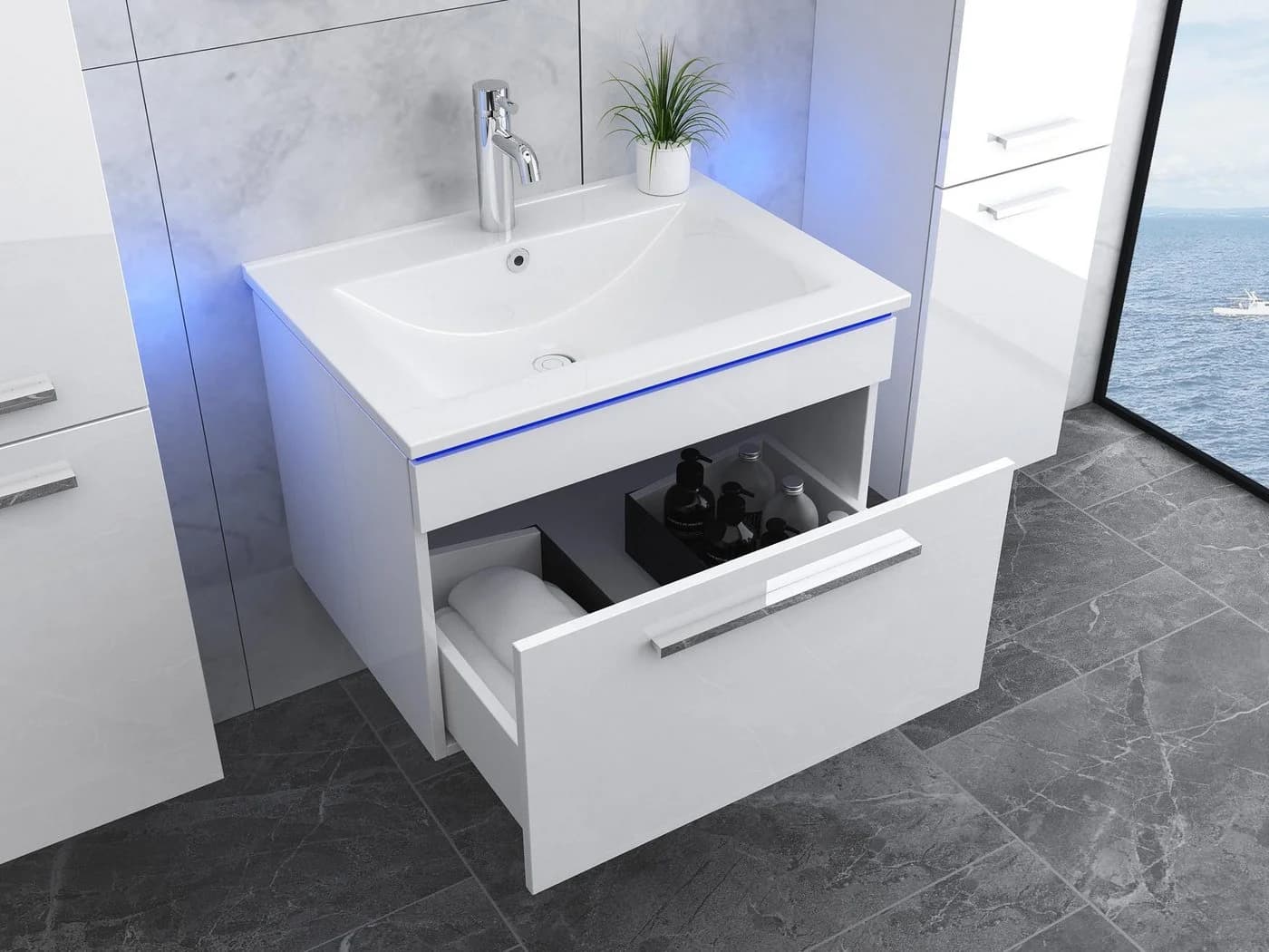 Faizee Möbel Badmöbel-Set 120 cm Schwarz/Weiß/Königsblau LED-Spiegel - Bild 4