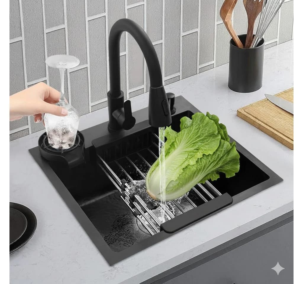 Faizee Home Edelstahlspüle Hydro Schwarz mit flexiblen Wasserhahn
