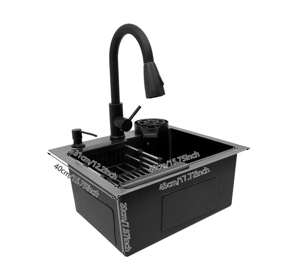 Faizee Home Edelstahlspüle Schwarz mit Wave-Armatur & Zubehör