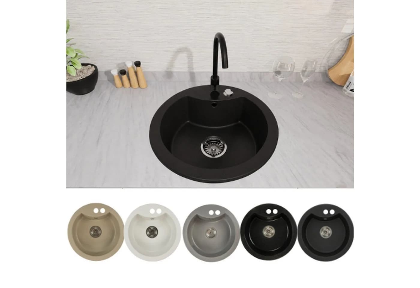 Faizee Möbel Granitspüle Einbauspüle rund 49cm Schwarz - Bild 2