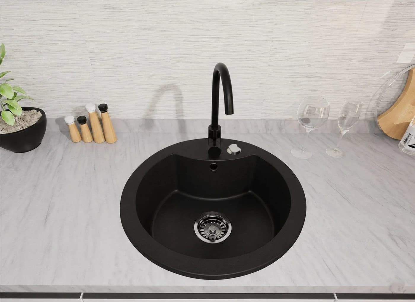 Faizee Möbel Granitspüle Einbauspüle rund 49cm Schwarz - Bild 3