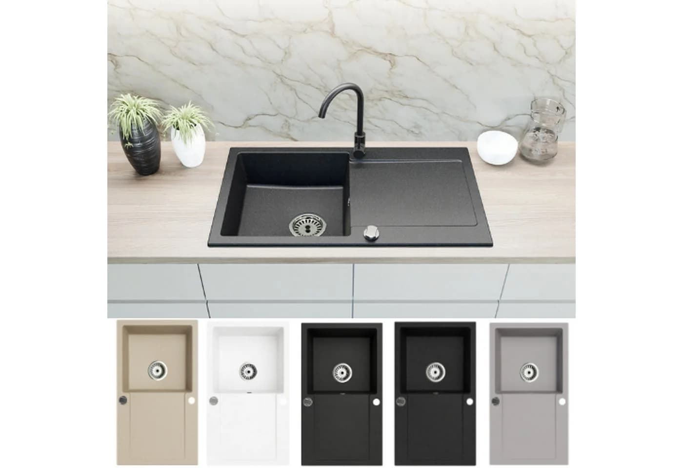 Faizee Home Granitspüle 90x50 cm Mattschwarz mit Abtropffläche - Bild 2